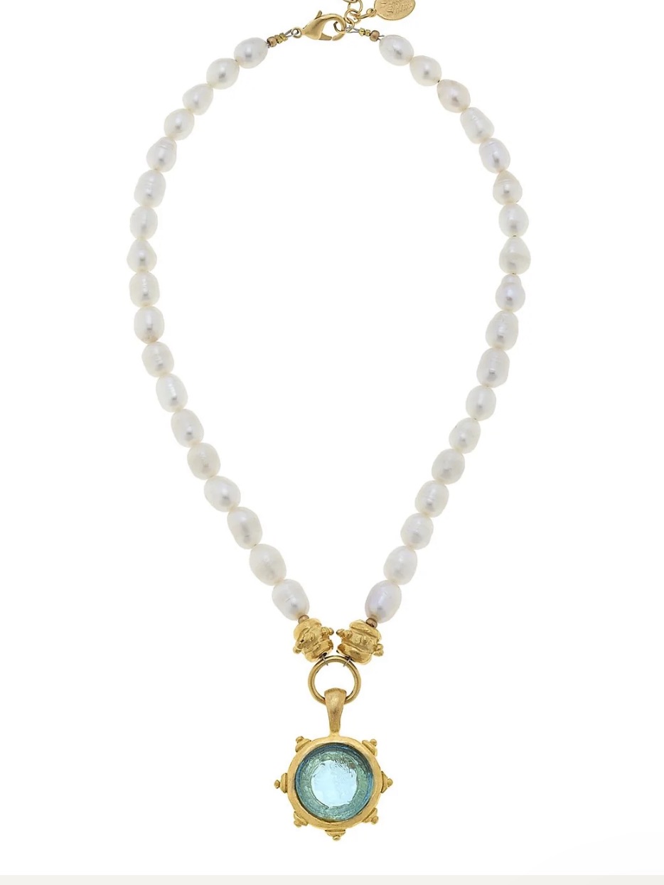 Rare! Venetian Glass With Cross Coin Intaglio Pearl Necklace By Susan Shaw.